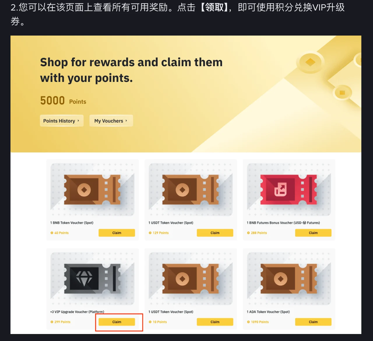 币安官方指南截图:奖励商店页面显示积分余额和可兑换的卡券,其中一张 VIP Upgrade Voucher 下方的 Claim 按钮被红框标出